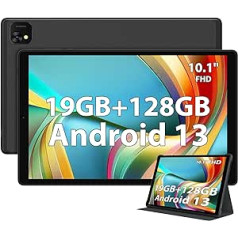 POWMUS Android 13 planšetdators 10 collu 19 GB RAM + 128 GB ROM (1 TB TF), astoņkodolu/2,0 GHz, 5G WiFi, FHD, BT 5.0/13MP + 8MP/GPS/8000mAh/metāla korpuss/planšetdators ar korpusu (BBlack)