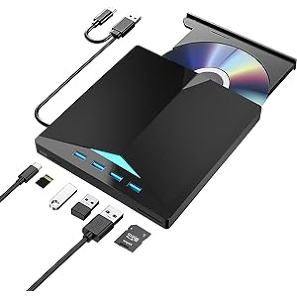 RUIZHI ārējais DVD diskdzinis, ārējais DVD CD diskdzinis USB 3.0 Type-C DVD/CD+/-RW rakstītājs ar elpojošu gaismu ar krāsu maiņu, USB ports un SD TF slots priekš XP, WIN7, WIN8, WIN10, WIN11, Linux, OSX