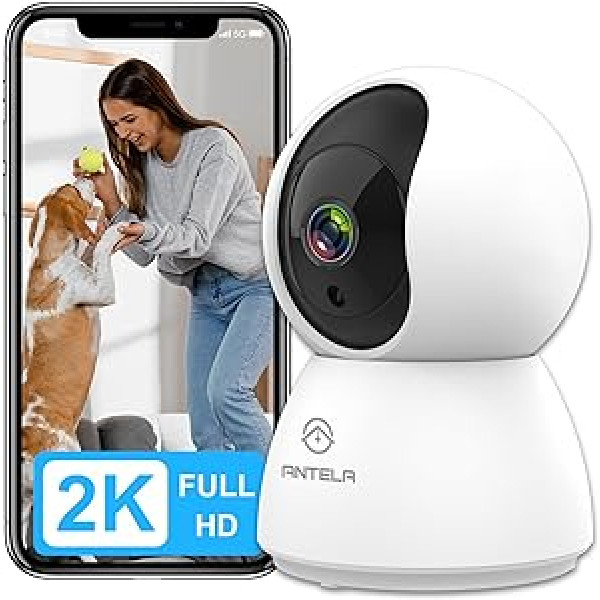 ANTELA 2K/3MP iekštelpu novērošanas kamera, WLAN IP kamera, divvirzienu audio, 355°/90° grozāms, IR nakts redzamība līdz 10 m, saderīga ar Alexa, 2,4 GHz