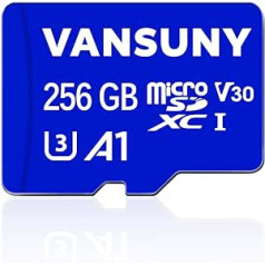 Vansuny Micro SD karte 256 GB atmiņas karte Micro SD 256 GB ar SD adapteri līdz 100 MB/s lasīšanas ātrumam (UHS-I, U3, A1, V30, C10, 4K UHD microSDXC)