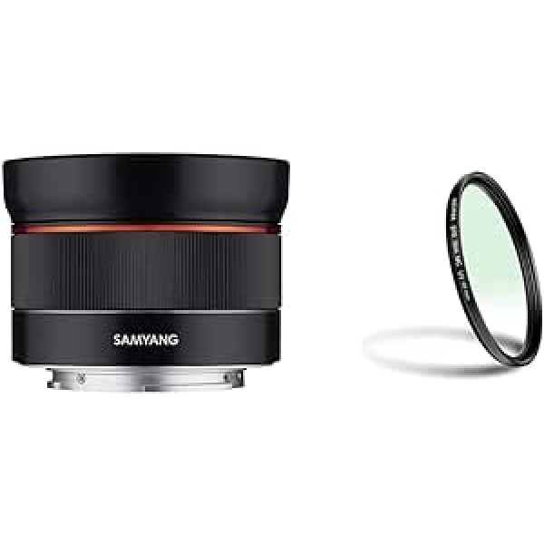 Samyang AF 24 mm F2.8 FE (niecīgs, bet plats) — pilna formāta 24 mm platleņķa fiksēta fokusa garuma automātiskā fokusa objektīvs un Walimex Pro UV filtrs Slim MC 49 mm (iekļauts aizsargmaciņš)