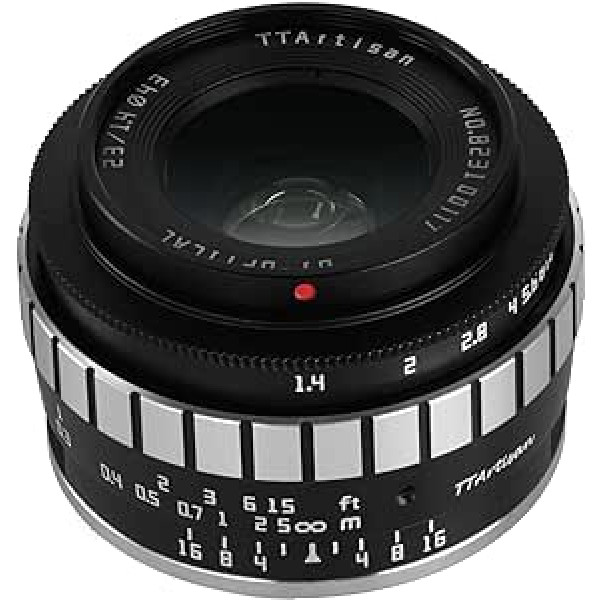 TT Artisan 23 mm F/1.4 APS-C objektīva savienojums Fuji X Mount Silver Manuālais platleņķa objektīvs bezspoguļa kamerām TTAL2314FXS Silver