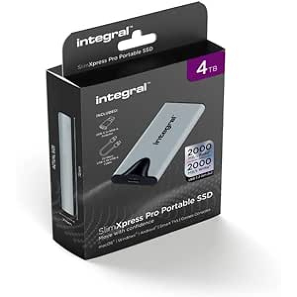 Integrēts 4TB SlimXpress Pro portatīvais USB 3.2 Gen 2x2 SSD — līdz 2000 MB/s lasīšanas ātrums un 2000 MB/s rakstīšanas ātrums — kompakts alumīnija korpuss. Savietojams ar Mac, PC un citiem