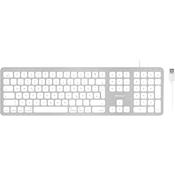 Macally WKEYHUBMB-DE paplašinātā Mac tastatūra ar ciparu tastatūru, 2 USB portiem un vācu QWERTZ izkārtojumu ar Umlauten, USB-A, alumīnija dizainu