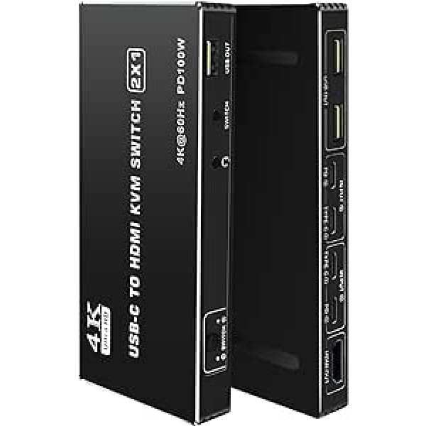 Bolaazul USB C HDMI KVM slēdzis 4K 60 Hz, 2x1 C tipa KVM slēdzis 2 vienā izeja 2 datoriem 1 HDMI monitors, 1 pele un tastatūras koplietošana — 2 USB video kabeļi ir iekļauti