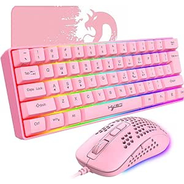 60% vadu kompaktā spēļu tastatūra 61 taustiņi 11 pilnu taustiņu RGB fona apgaismojuma efekti pret spoku veidošanu + vadu gaismas Gamng pele Optiskā šūnveida pele + peles paliktnis