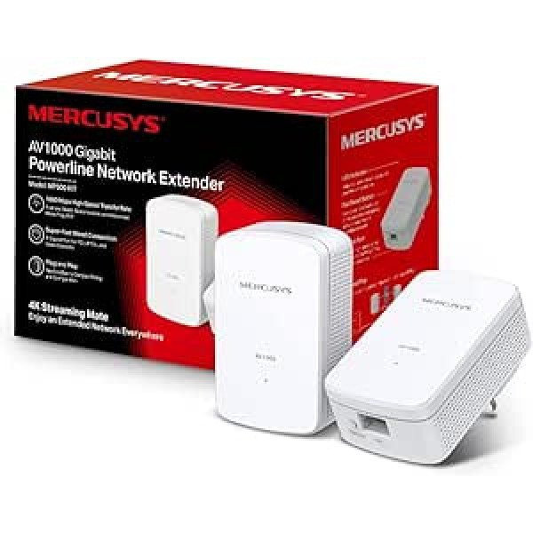 Mercusys AV1000 Gigabit Powerline sākuma komplekts, datu pārsūtīšanas ātrums līdz 1000 Mbps, ideāli piemērots 4K straumēšanai, tiešsaistes spēlēm un grafikas intensīvām lietojumprogrammām, nav nepieciešama konfigurācija (MP500 KIT)