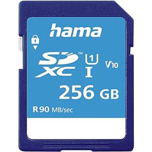 Hama 256 GB SDXC-Speicherkarte, Class 10, V10, UHS-I (bis zu 90MB/s, für Full-HD- und 3D-Video-Aufnahmen, zB Digitalkamera, Camcorder, Videokamera, mit Schreibschutz) SDXC karte