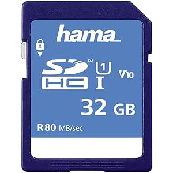 Hama Speicherkarte SDHC 32 GB (SD-3.01 — standarts, 80 MB/s, 10. klase, Datensicherheit dank mechanischem Schreibschutz, Beschriftungsfeld)