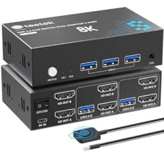8K HDMI KVM jungiklis 2 monitoriai 2 kompiuteriai USB 3.0, 8K@60HZ KVM jungikliai 2 kompiuteriams, skirti bendrinti klaviatūrą, pelę ir spausdintuvą, palaiko kopijavimą ir plėtinį, suderinama atgal