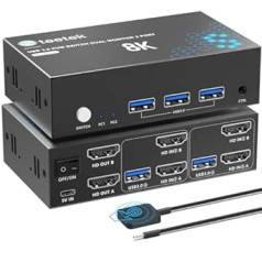 8K HDMI KVM slēdzis 2 monitori 2 datora USB 3.0, 8K@60HZ KVM slēdži 2 datoriem tastatūras, peles un printera koplietošanai, atbalsta kopēšanu un paplašināšanu, atpakaļsaderīgs