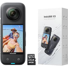 Insta360 X3-360 grādu ūdensizturīga darbības kamera ar 1/2 collas sensoru, 5,7 K 360, 72 MP 360 fotoattēli, stabilizācija, 2,3 collu skārienekrāns, AI rediģēšana, tīmekļa kamera, balss vadība ar 64 GB atmiņas karti