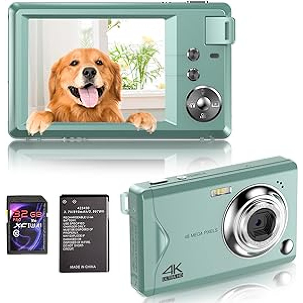 Digitālā kamera, 4K HD 1080P 48MP fotokamera kompakta kamera, mini digitālā kamera ar 32 GB SD karti FHD fotokamera, digitālā kamera ar LCD ekrānu, 16X digitālā tālummaiņa iesācējiem (zaļa digitālā)