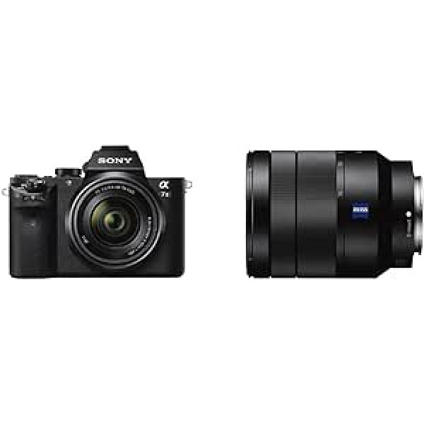 Sony Alpha 7 II bezspoguļa pilna kadra kamera ar Sony 28–70 mm f/3,5–5,6 tālummaiņas objektīvu (24,3 megapikseļi, ātrs hibrīda autofokuss) un SEL-2470Z Zeiss tālummaiņas objektīvu (24–70 mm, F4.0. Pilns kadrs) , Melns