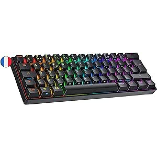 Ranked N60 Nova Mechanical 60 procentu tastatūra, Hotswap spēļu tastatūra, 62 programmējami taustiņi ar RGB apgaismojumu, PC/Mac Gamer, AZERTY French (melns, Kailh Box Jade)