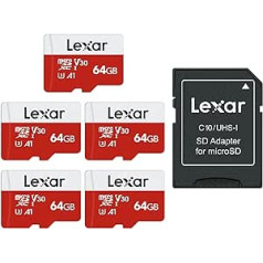 Lexar Micro SD Card 64 GB Pack of 5 Memory Cards Micro SD with Adapter, Up to 100 MB/s Read Speed, UHS-I, U3, A1, V30, C10, 4K UHD microSDXC SD Card for Camera, Smartphone