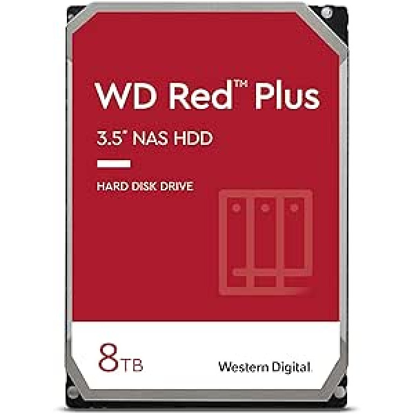 WD Red Plus iekšējais cietais disks NAS 8 TB (3,5 collas, darba slodzes ātrums 180 TB/gadā, 5400 apgr./min, 128 MB kešatmiņa, NASware programmaparatūra saderībai, 8 nodalījumi) — sarkans