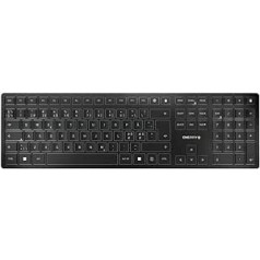 CHERRY KW 9100 plāna bezvadu dizaina tastatūra, Ziemeļvalstu izkārtojums (QWERTY), izvēles Bluetooth® vai bezvadu savienojums, plakani taustiņi, uzlādējama, melna/sudraba