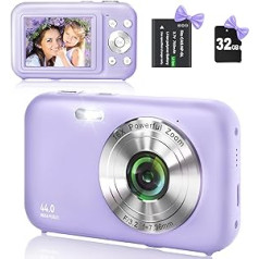 Digitālā kamera Kompakta kamera ar 32GB SD karti, HD 1080P 44MP, Kameras fotokamera, LCD uzlādējama digitālā kamera ar 16X digitālo tālummaiņu Digicam bērniem, pieaugušajiem (violeta)