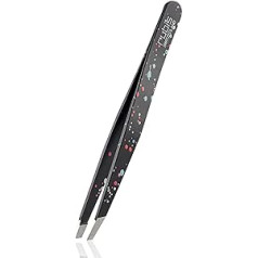 Rubis Tweezers Action Painting - Oblique, Fine and Pointed - Tweezers for Eyebrow Plucking - Slanted Tip for Hair Removal - Professional Tweezers - Black