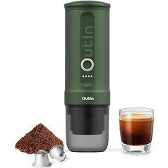 Outin Nano pārnēsājams elektriskais espresso kafijas automāts ar 3–4 minūšu pašatsilšanu, 20 bar Mini 12 V 24 V automašīnas kafijas automāts, saderīgs ar NS oriģinālo kapsulu un maltu kafiju ceļojumiem, kempingiem