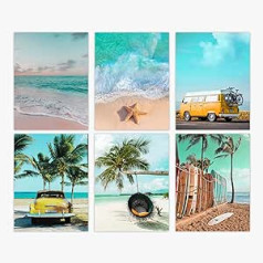 Tropu vasaras komplekts ar 6 Okeāna pludmales motīvu/vintage jūras sienu māksla, istabas dekors sērfotājiem, okeāna mīļotāju guļamistabas dekors/tropiskās palmas un sērfošanas sienas māksla (20 x 25 cm)