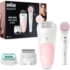 Braun Silk-épil 5 skaistumkopšanas komplekts, 4-in-1 SensoSmart matu noņemšanas epilators ar Lady skuvekli un trimmera galviņu, sejas tīrīšanas birste, UK 2-Pin Plug, 5-875, balts/rozā