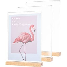 LOLYSIC 3 Pack A4 Acrylic Sign Holder T Shape A4 Plastic Display Stand Double Sided Wooden Menu Holders for Table Poster Picture Holder for Restaurant Office Home Shop