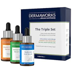 DERMAWORKS seruma komplekts Hialuronskābe + 20% C vitamīns + 2,5% Retinols. Pretnovecošanās, Pretgrumbu. Ārstē vecuma plankumus un pinnes. Palielina kolagēna ražošanu, savelk un padara ādu gaišāku