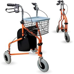 Mobiclinika, Caleta Walker, vaikštynės senjorams ir neįgaliesiems, vaikštynė su 3 ratais, sulankstoma vaikštyne, plieninė, reguliuojama, krepšelis, krepšys, stabdžiai ant svirčių, oranžinė