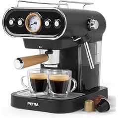 Petra PT5108VDEEU7 3-in-1 1,2 l kafijas automāts — BPA nesaturošs pārtikas presēšanas aparāts ar piena putotāju, piemērots 30/54 mm kapsulām, filtrēta kafija un malta kafija, 1050 W, 19 bar itāļu sūknis