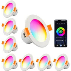 8 x WiFi LED padziļināti prožektori, aptumšojami, 9 W, RGBWW, WiFi LED griestu prožektors, RGB silti balts, vēsi balts, apaļš padziļināts apgaismojums, LED apakšējais apgaismojums, 230 V viesistabai, guļamistabai, savietojams ar