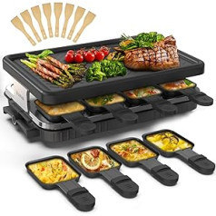 „Raclette“ 8 asmenų „Raclette“ grilio stalas, elektrinis, 8 keptuvės, 8 „raclette“ medinės mentelės Korėjos kepsninės kepsninė Elektrinė kepsninė, neprideganti danga, reguliuojama temperatūra 1300 vatų juoda