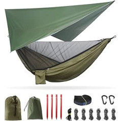 3-in-1 Outdoor Double Camping Hammock, Ripstop Nylon Travel Hammock with Mosquito Net and Rainfly Tarp, Tree Straps 200 kg Load Capacity Large Hammock Portable Lightweight for Picnic Garden Beach