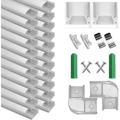 SENXINGYAN LED alumīnija profils, 20 x 1 m U-veida LED profils/LED kanāli ar vāku piena baltā krāsā, gala vāciņi, metāla montāžas klipši un stūra savienotāji LED sloksnēm un LED sloksnēm