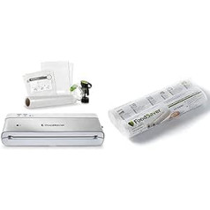 FoodSaver VS0100X kompaktais pārtikas vakuuma blīvētājs ar rokas vakuuma blīvētāju | 3 ruļļi un 4 somas | Sudrabs ar baltiem akcentiem