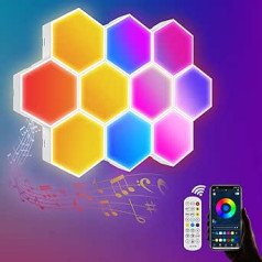10 vnt. pakuotėje šešiakampis sieninis šviestuvas šešiakampis RGB skydelis Music Sync Smart LED šviesos sieninis skydelis, skirtas žaidimų nuotaikos šviesoms dekoruoti, „pasidaryk pats“ šviesos plokštės su programų valdymu, korio sienini