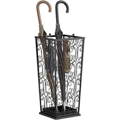 AcornFort U-02 Large Black Metal Umbrella Stand Walking Stick Home Office Hallway Storage with 4 Hooks Top and a Lower Rainwater Leaking Shelf 56 x 25 x 25 cm