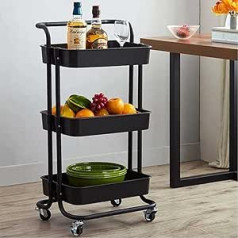 BAKAJI virtuvės vežimėlis su juodais ratais Vežimėlis Metalinis virtuvės 3 lygiai 43 x 36 x 85 4 ratai Vietą taupantis plastikinis standartas