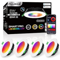 ALUSSO Smart Downlights Alexa, 8W IP44 aptumšojams RGB leju apgaismojums Smart CCT 3000-5700K Bluetooth WiFi App Control Savietojams ar Alexa Google Assistant Smart Life APP, 70-80 mm Cut-Out 650LM Pack of 4