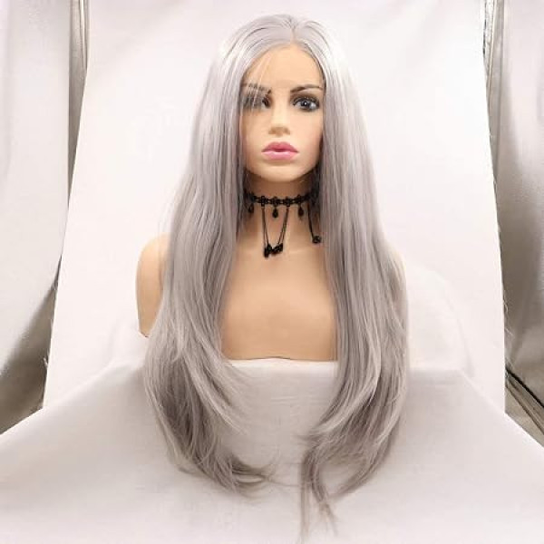 Yiweier RainaHair 26 collu sudrabaini pelēku matu parūkas Reālistiskas parūkas sievietēm Gaiši pelēks dabiski taisns garš sintētisko matu karstumizturīgs Glueless Lace Front parūka (sudrabaini pelēks)