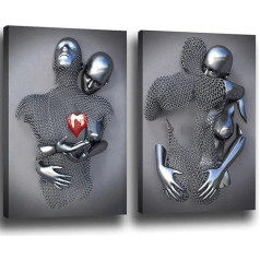 3D Lovers Sculpture Poster Metal Figure Statue Art Canvas Painting Romantic Abstract Posters and Prints Modern Living Room Home Decoration - Without Frame (2 Pieces - 40 x 60 cm, Figure-2)