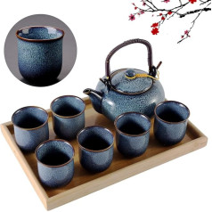 DUJUST japoniško porceliano arbatinukų rinkinys, unikalus kiniškos arbatos rinkinys su 1 keraminiu arbatinuku, 6 arbatos puodeliais ir 1 arbatos padėklu, šviesiai mėlynos spalvos