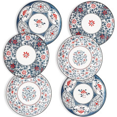 fanquare 6 porcelāna šķīvju komplekts Japāņu stila zilas lapas un sarkani ziedi Plakani deserta šķīvji Vakariņas šķīvju komplekts Keramika ēdināšanai un mājsaimniecībai