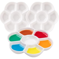 MEEDEN 7-Well Studio Porcelain Tray, Set of 3 with Colour Box, Artist Mixing Paint Tray of 12 cm (4.7 Inches) for Watercolour Gouache Painting, Round, White