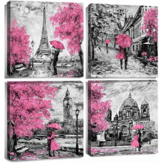 AREBOLO Pink Paris Decor for Bathroom 4pcs/set, Black & White London City Canvas Pictures Painting Bedroom Wall Art 30x30cm, Eiffel Tower Home Living Room Decor, Pink Romantic Couples