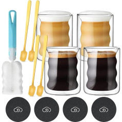 4 divstūra Latte Macchiato glāžu komplekts, 200 ml kafijas glāzes, spirāles formas, kapučīno glāzes, sulas glāzes, stikla glāze ar karotēm un paliktņiem, espresso glāzes, termiskās kafijas glāzes, tējas glāzes