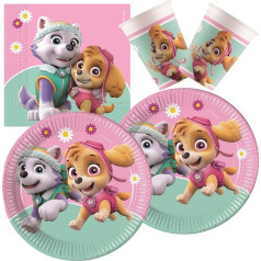 Procos 10133066 Party Set S Paw Patrol, Skye and Everest, 52-Piece Set, 16 Plates, 16 Cups and 20 Napkins, Disposable Tableware, Decoration