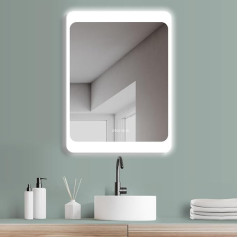 Hoko® Duisburg LED vannas istabas spogulis, 60 x 80 cm, pretaizsvīšanas spoguļa apsilde, digitālais pulkstenis, vannas istabas spogulis ar skārienjutīgu slēdzi, regulējams apgaismojums, LED gaismas maiņa: Silti balta/auksti balta/neitrāla.