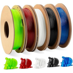 TPU filaments 1,75 mm, TINMORRY TPU 3D printera filaments, 200 g x 5 spoles, melns + balts + caurspīdīgs sarkans + caurspīdīgs zaļš + caurspīdīgs zils + caurspīdīgs zils